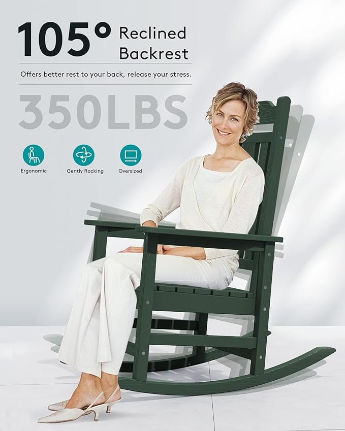 SERWALL Outdoor Rocking Chair, Patio Rocking Chairs for Porch, HDPE Rocking Chair Outdoor for Adults, Heavy Duty Front Porch Rocker, Green