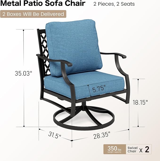 Metal Outdoor Swivel Patio Chairs Set of 2 with 5.75" Extra Thick Cushion, 2 Piece High Back Swivel Patio Chairs Outdoor Furniture Seating for Deck Balcony Front Porch, Denim Blue