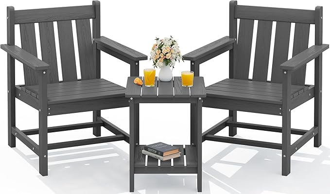 SERWALL 3 Pieces Patio Bistro Set, All Weather Adirondack Chair Set with Side Table, HDPE Material Outdoor Patio Furniture Set for Balcony, Porch, Garden, Backyard- Gray