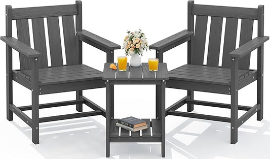 SERWALL 3 Pieces Patio Bistro Set, All Weather Adirondack Chair Set with Side Table, HDPE Material Outdoor Patio Furniture Set for Balcony, Porch, Garden, Backyard- Gray