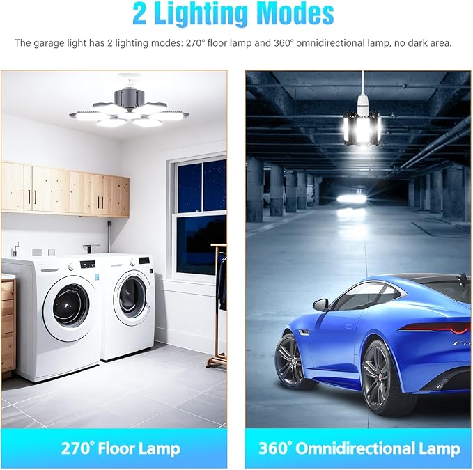 LED Garage Light Bulb 15000LM - 360° Adjustable 6+1 Deformable Panels, E26/E27 Garage Led Ceiling Lights Screw-in, 6500K Daylight for Basement/Workshop/Attic/Laundry Room