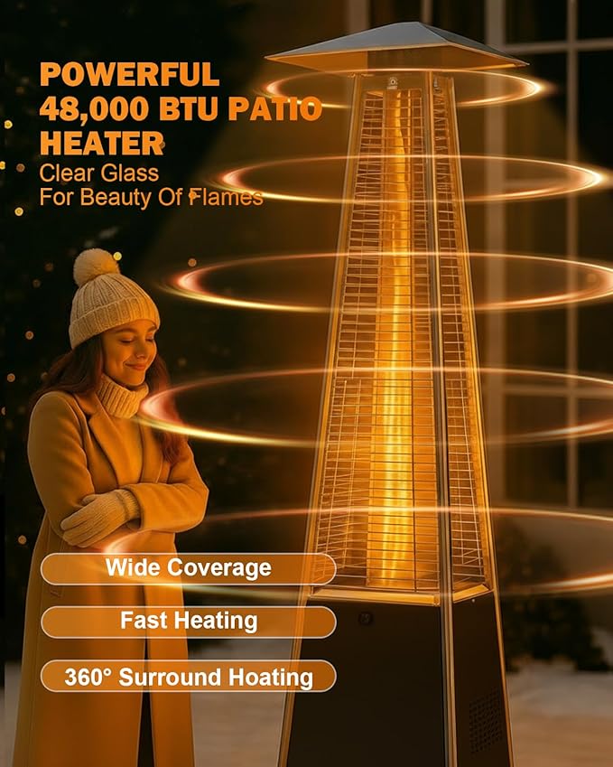 Pyramid Patio Heater for Outdoor Use, 48000 BTU Fast Heating Propane Heater with Wheels & Weatherproof Cover, Triple Protection System Outdoor Heaters for Patio, Yard, Pool, Garden