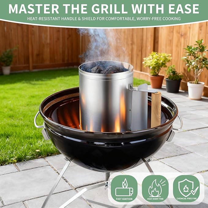Charcoal Chimney Starter Compatible with Weber, Compact Chimney Starter for Grill, Rapid Fire Charcoal Lighter, with Heatproof Wooden Handle, BBQ Grill Tools for Outdoor Grilling and Camping