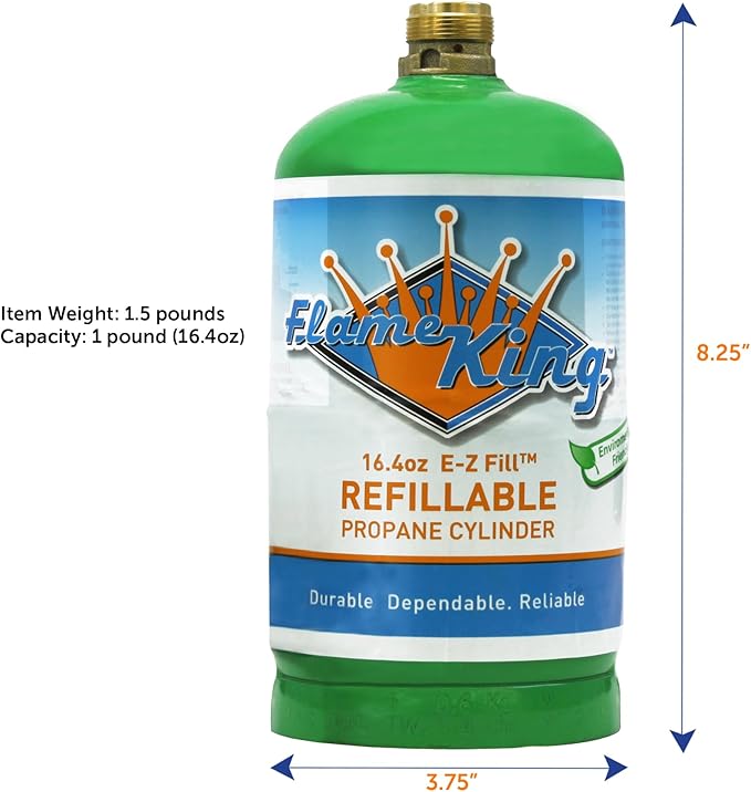 Flame King Refillable 1LB Empty Propane Cylinder Tank - Reusable - Safe and Legal Refill Option - DOT Compliant - 16.4 oz, Green