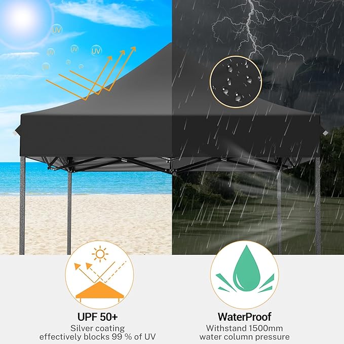 COBIZI 6.6x6.6 Heavy Duty Pop up Canopy Tent Without Sidewalls, Easy Set-up Commercial Outdoor Party Tent, 100% Waterproof Wedding Canopy Gazebo, 3 Height Adjustable with Carry Bag, Black