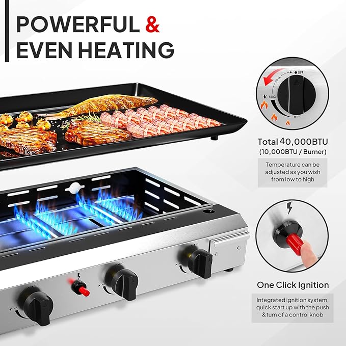 ROVSUN 40000 BTU Foldable Flat Top Gas Grill with Wheels & Enameled Tray, 4 Burner Portable Propane Griddle with Electronic Ignition & Regulator for Outdoor Cooking Camping BBQ Tailgating Picnicking