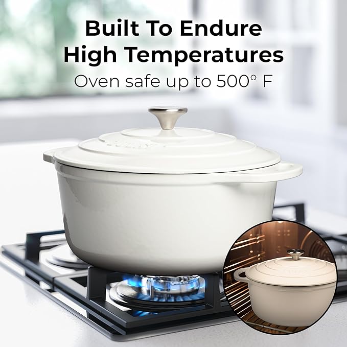 Zulay Kitchen 5 Quart Enameled Cast Iron Dutch Oven Pot with Lid – Premium Durability & Oven Safe up to 500°F – Heavy Duty Cookware Perfect for Bread Baking, Stews, Braising & Roasting – White