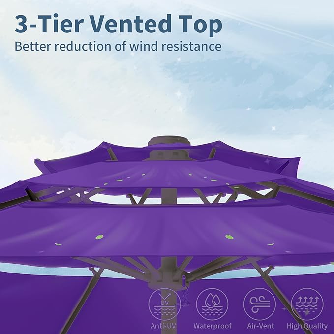 9FT 3 Tiers Patio Umbrella With Auto Tilt and Crank, Outdoor Table Market Umbrella with 8 Sturdy Ribs for Garden,Lawn,Deck,Backyard and Pool,Dark Purple