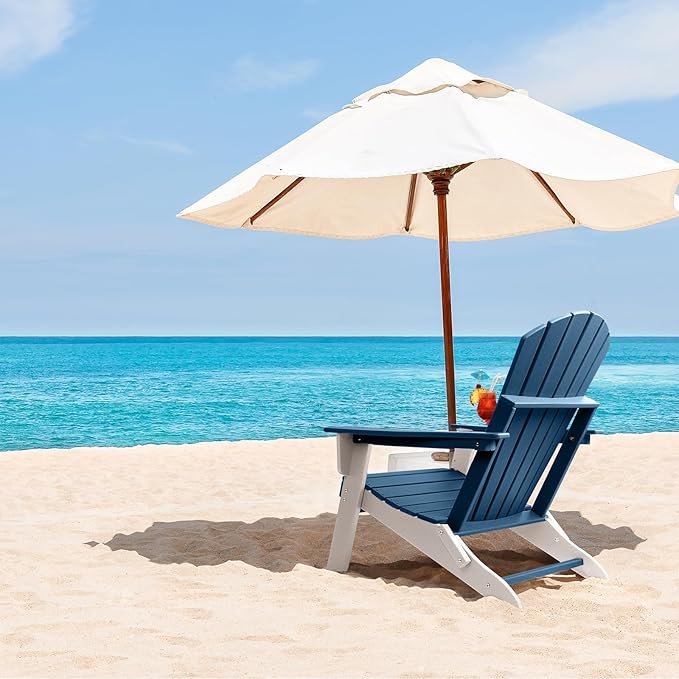 FUNBERRY Folding Adirondack Chair Set of 4, Blue & White All Weather HDPE Fire Pit Chairs with Cup Holder for Outdoor
