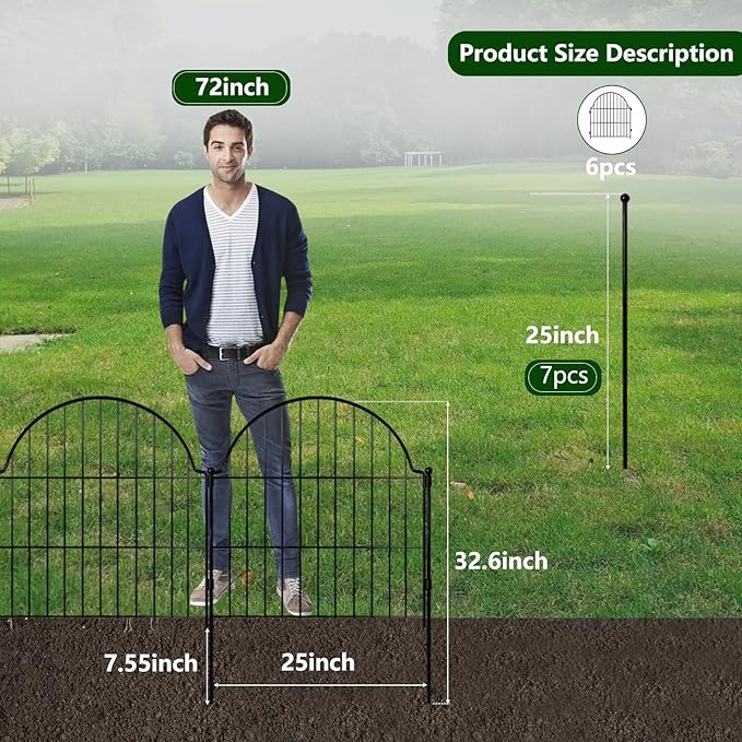 Decorative Metal Garden Fence 6 Panels, 25in (H) x 12.2ft (L) No Dig Outdoor Dog Fence Panels, Easy Install Temporary Fencing for Yard, Rustproof Wire Garden Border