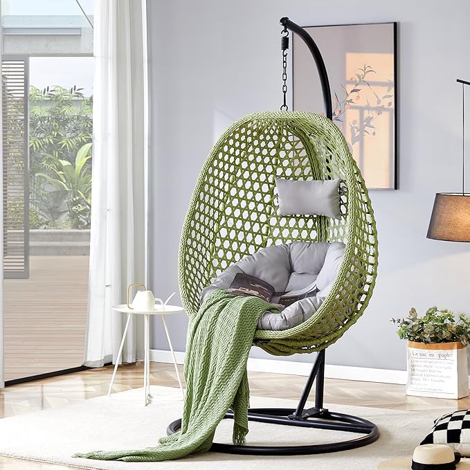 Hanging Egg Chair with Stand, Egg Swing Chair with Stand Indoor Outdoor,Green Wicker Swing Egg Chair for Adults, Hammock Chair with Comfortable Cushion and Stable Round Metal Base for Bedroom Patio