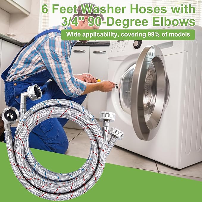 4ft Stainless Steel Washing Machine Hose with 90 Degree Elbows 2 Packs Braided Premium Washer Hoses Supply Lines-Washer Hoses 4ft Hot and Cold Striped Water Connection-by MIFLUS