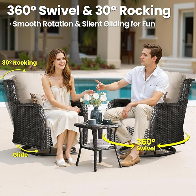 ovios 7-Pieces Patio Furniture Set with 42 Inch Fire Pit Table Swivel Chairs, Outdoor Wicker Sofa Couch Gliders Rocker, High Back Modern Conversation Set, Brown Rattan, Beige
