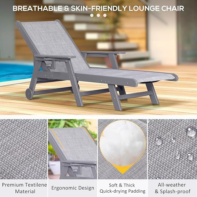 Outdoor Chaise Lounge Set of 2, 5-Position Adjustable Patio Chair with Wheels & Cup Holder, HDPE Pool Chair with Textilene Surface for Outside, Poolside & Beach (Grey, 2)