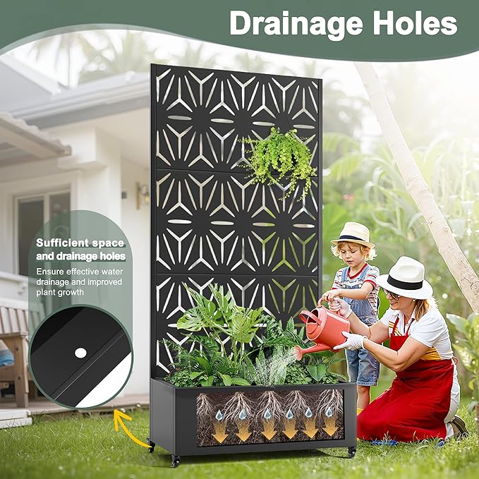 Metal Standing Planter Box with Trellis & Wheels, Raised Bed with Privacy Screen for Garden, 35"L Outdoor Garden Boxes with Drainage Holes for Climbing Plants, Flowers, Vines (Black Star)