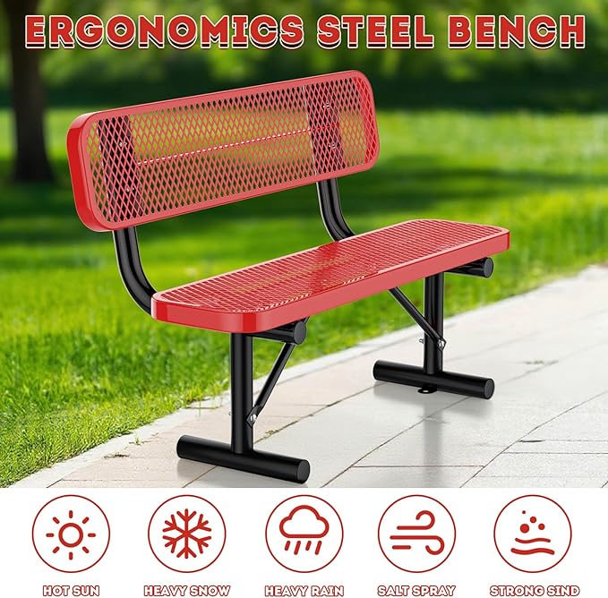 Heavy Duty Park Bench for Outside, Metal Park Bench with Back Portable Frame, Outdoor Steel Mesh Garden Bench with Backrest for Garden, Lawn, Patio, Porch, Park, Yard (Red, 4FT/50INCH)