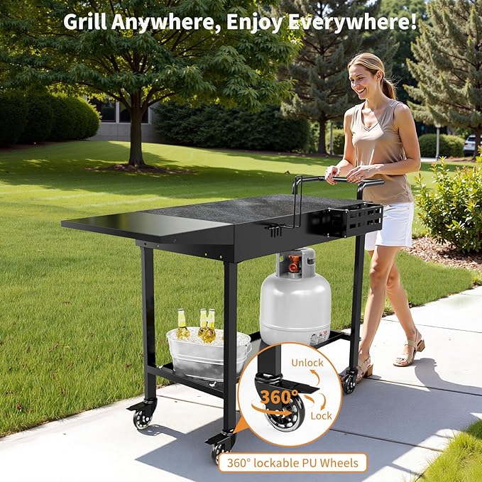 Portable Grill Cart for Blackstone Griddle, 440lb Foldable Outdoor Grill Table with Wheels for Ninja, 31" W x 17" D Blackstone Griddle Stand with Caddy Fit 17” or 22”, Black