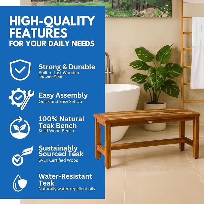 EcoDecors Eleganto 47 Inch Natural Color Waterproof Teak Wood Shower Bench Stool Seat Chair for Inside Shower Provides Safety, Storage, and Organization for Bathroom Accessories