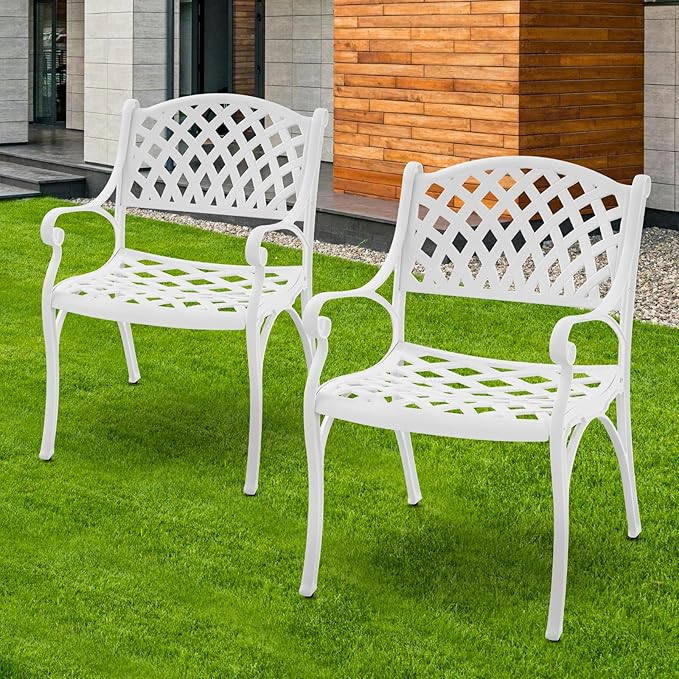2 Pieces Outdoor Bistro Dining Chairs Cast Aluminum Patio Bistro Chair with Armrest,Outdoor Furniture Set Bistro Chairs,Metal Patio Dining Chair for Garden,White