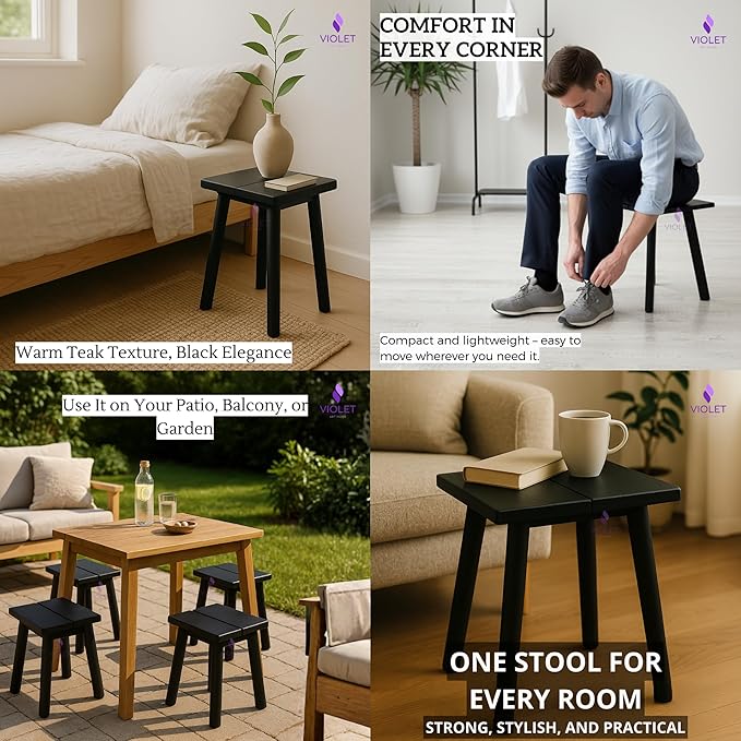 Black Teak Wood Shower Seat with Stainless Steel Legs – Waterproof Non-Slip Bath Stool, Indoor & Outdoor Use, 440 lbs Capacity, ADA Compliant, Handmade Compact Modern Design Bench