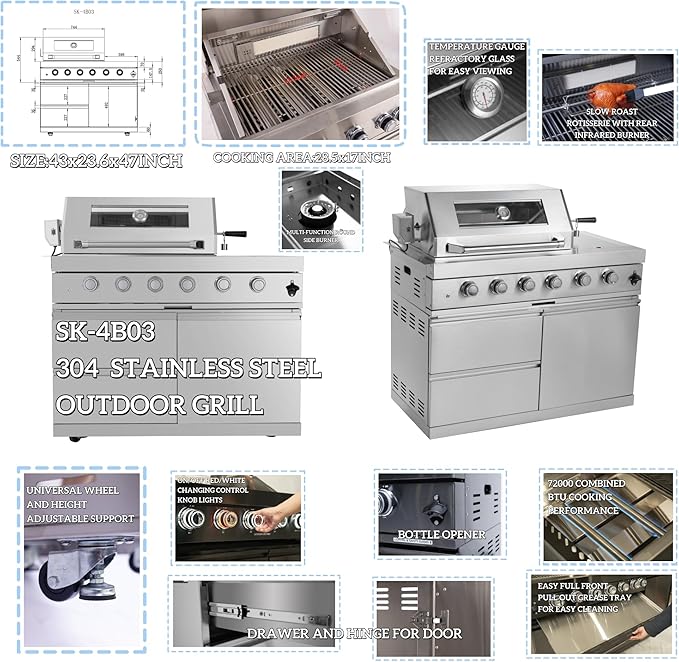 98 Inches 4-Burner 72000 BTU Deluxe Stainless Steel Propane Gas Outdoor Kitchen Bar Barbecue Island Grill, Wine Cooler Compact Refrigerator, Granite Countertops, Stainless Steel Sink, Silver