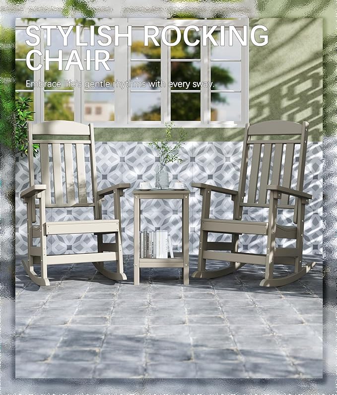 FOOWIN Outdoor Rocking Chair Set of 2, High Back Patio Rocking Chair, HDPE All Weather Resistant Porch Rocker for Adult, Oversized Rocking Chairs for Garden, Lawn, Indoor & Outdoor Use, Sand