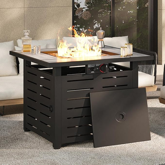 28" Outdoor Propane Fire Pit Table Ceramic Top & Lava Rocks,50000 BTU Square Patio Heater Waterproof Lid Gas Fire Pits for Outside Patio Black