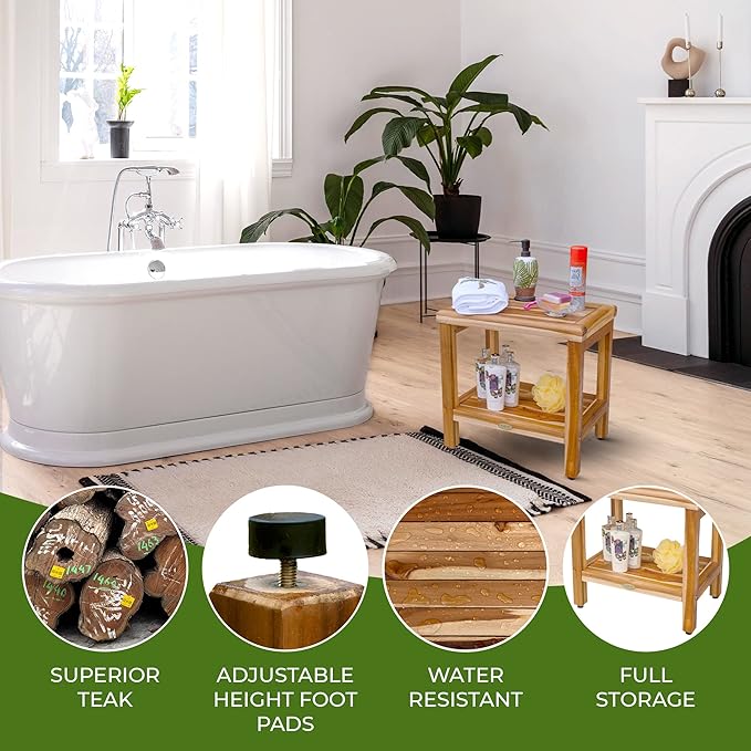 EcoDecors Eleganto 18 Inch Natural Color Waterproof Teak Wood Shower Bench Stool Seat Chair For Inside Shower Provides Safety, Storage, and Organization For Bathroom Accessories