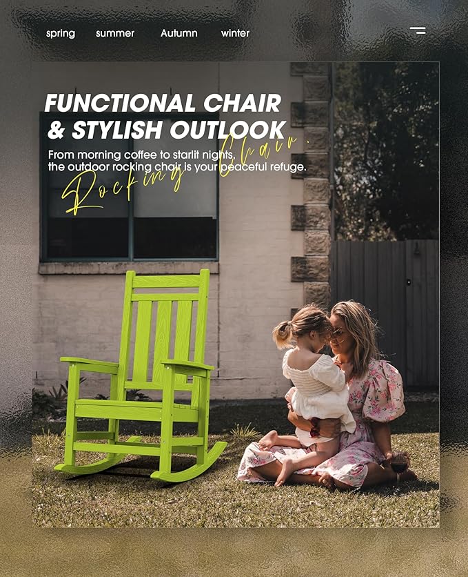 KINGYES Outdoor Rocking Chairs Set of 2, All-Weather Patio Rocking Chair for Porch, HDPE Rocking Outdoor Chairs with High Back for Adult, Heavy Duty Outdoor Patio Rockers for Garden, Lawn, Apple Green