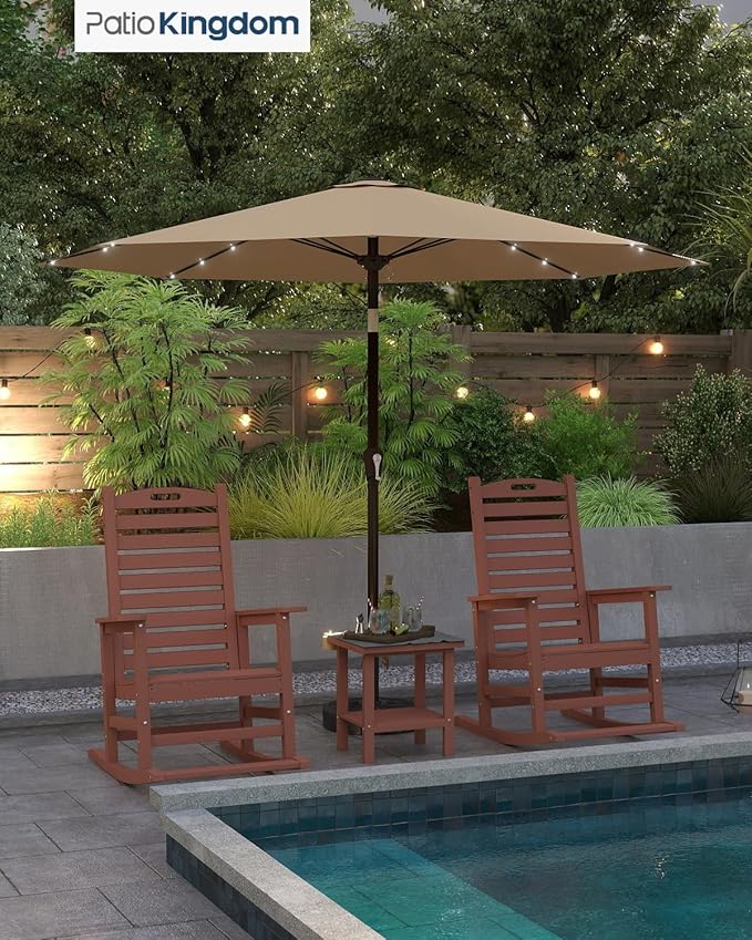 Outdoor Rocking Chairs Set of 2 with Footrest, HDPE Modern Rocking Lawn Chair for Garden, Poolside, Deck (Brown)