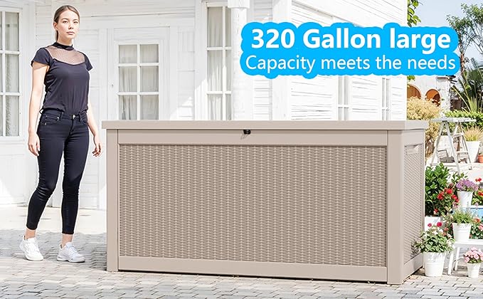 EasyUp 320 Gallon Outdoor Storage Box Waterproof, UV Resistant Resin Deck Box with Hydraulic Rod, Reinforced Stability for Patio, Garden, Rattan Gray