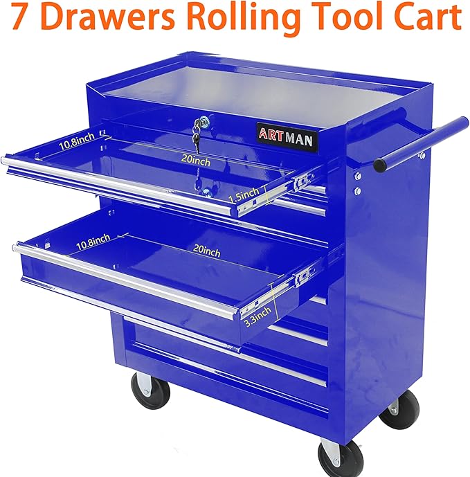 7 Drawers Rolling Tool Cart on Wheels, Trolley Organizer Tool Case Tool Chest, Multifunctional Tool Storage Tool Box for Workshop, Garage, Warehouse, Repair Shop (7 Drawers-29.9" H-Blue)