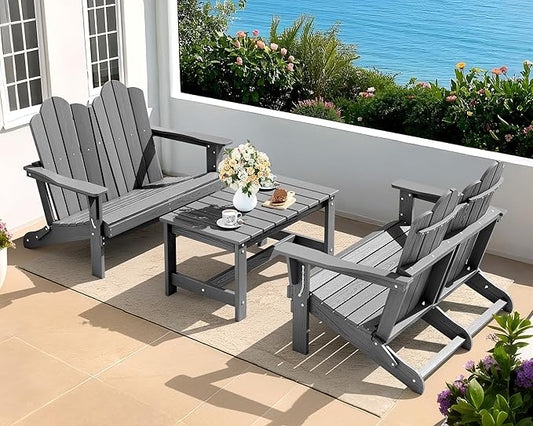 SERWALL 3 Pieces Patio Adirondack Bench Set, 2 Folding Adirondack Bench and 1 Coffee Table Set for Front Porch Garden Balcony Backyard, Grey