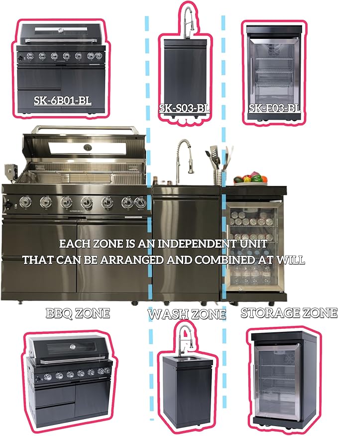 82 Inches 6-Burner 85000 BTU Deluxe Stainless Steel Propane Gas Outdoor Kitchen Bar Barbecue Island Grill, Wine Cooler Compact Refrigerator, Granite Countertops, Stainless Steel Sink, Black