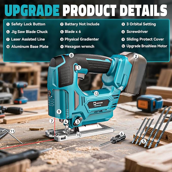 Jig Saw Compatible with Makita 18V Battery, Laser Guide Cordless Jigsaw Tool, Brushless Motor, Variable Speed, 45° Bevel Angle Cut, LED Light, 3 Orbital Sets, 6PCS Blades (No Battery)