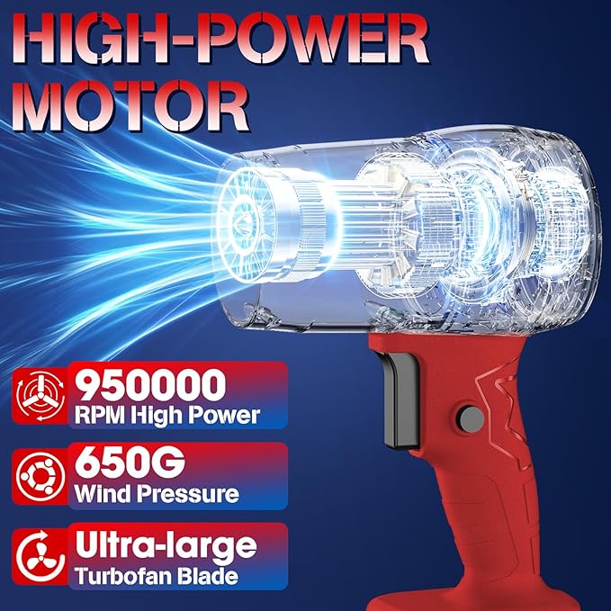 Leaf Blower with 21V*2 Pcs Batteries, 950000RPM Powerful Fan, High Variable Speed 200 MPH, Handheld Air Blower, Perfect for Car Drying, Patio Cleaning, Lawn Caring, Leaves Blowing (Red)