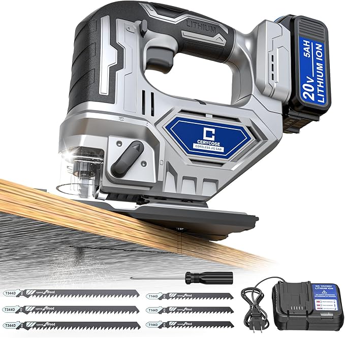 Jigsaw Compatible With Dewalt 20v Max Battery, Cordless jig saw Brushless Motor, 0°- 45° Bevel Cuts, LED Light with 3 Position Orbital Setting (With 5Ah Battery & Charger Station Kit)