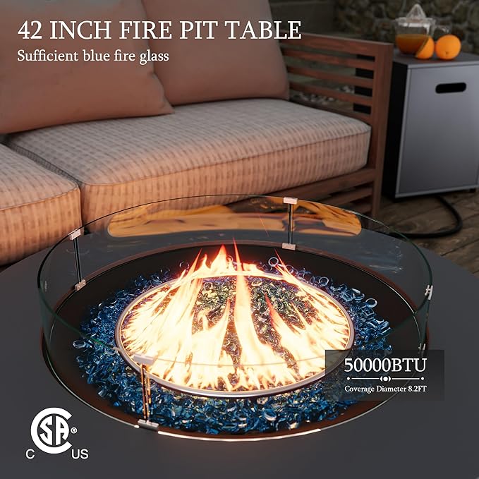 UPHA 42-inch Outdoor Propane Gas Fire Pit Table 50000 BTU Iron Round Firepit for Outside Patio with Tank Hidden Table, Wind Guard, Removable Lid, Blue Glass Rocks, Rain Cover, Grey