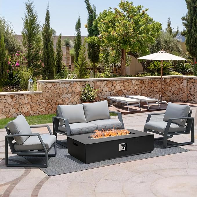 56" Outdoor Propane Fire Pit Table, Rectangle Terrazzo Fire Table w White Fire Glass(50,000 BTU), Patio Firepit Table Gas Fire Table w Rain Cover for Outside, Backyard