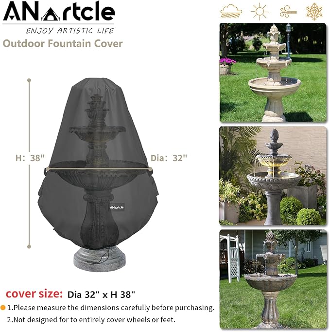 Outdoor Fountain Cover D 32"x H 38",600D Waterproof Heavy Duty Outdoor Fountain Covers,Garden Fountain Statue Protective Cover,Black