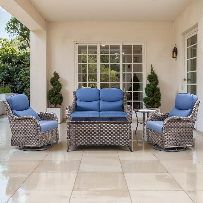 Outdoor Swivel Rocker Patio Chairs Set of 5 with Loveseat - 5" Thick Cushion 5 Piece Furniture Set with Sofa All Weather Wicker Conversation Set for Porch Deck - Brown Wicker | Blue Cushions