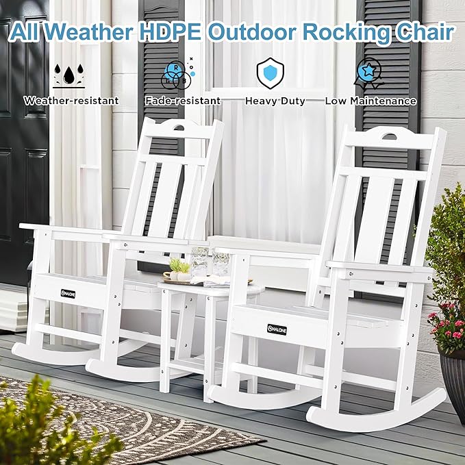 nalone Outdoor Rocking Chairs Set of 2, Oversized Porch Rocker Chair for Adult, All-Weather Resistant Patio Rocking Chair for Garden Lawn(White)