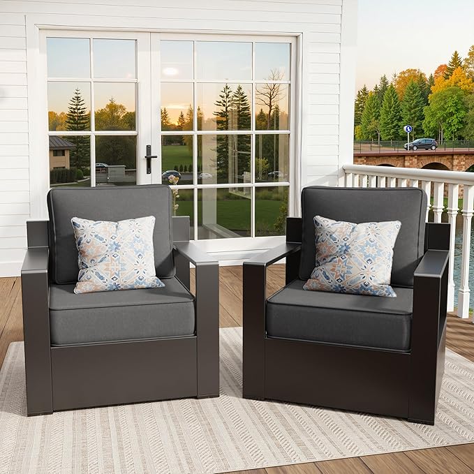 Aluminum Patio Chairs Set of 2, All Weather Use Outdoor Dining Chairs with Rectangular Framed Metal Armrest & 6" Fade-Resistant Cushions & Chair Covers for Deck Balcony Backyard (Grey)
