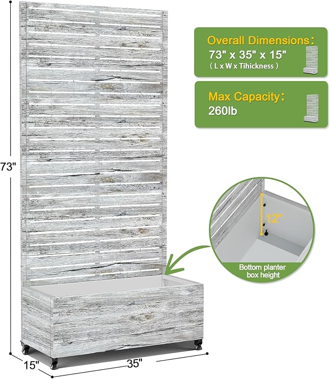 FENCY Metal Raised Garden Bed with Wheels and Trellis,73"x35"x16" Planter Box for Climbing Plants, Vegetables & Vines, Features Privacy Screen and Drainage Holes (White Wood Color)