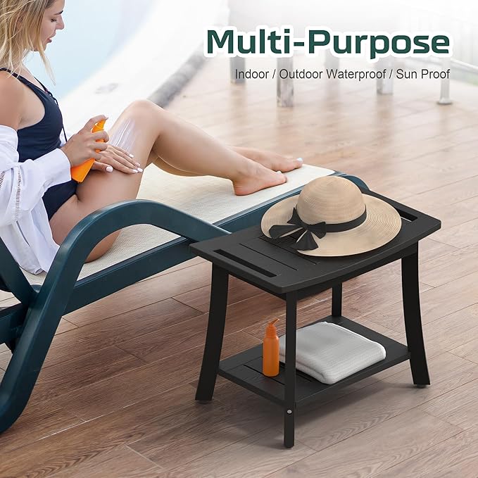 HIPS Shower Benches for Inside Shower, Waterproof Shower Stool with Storage Shelf & Adjustable Feet, SPA Bathroom Seat Chair for Shaving Legs, Indoor or Outdoor Use, Black