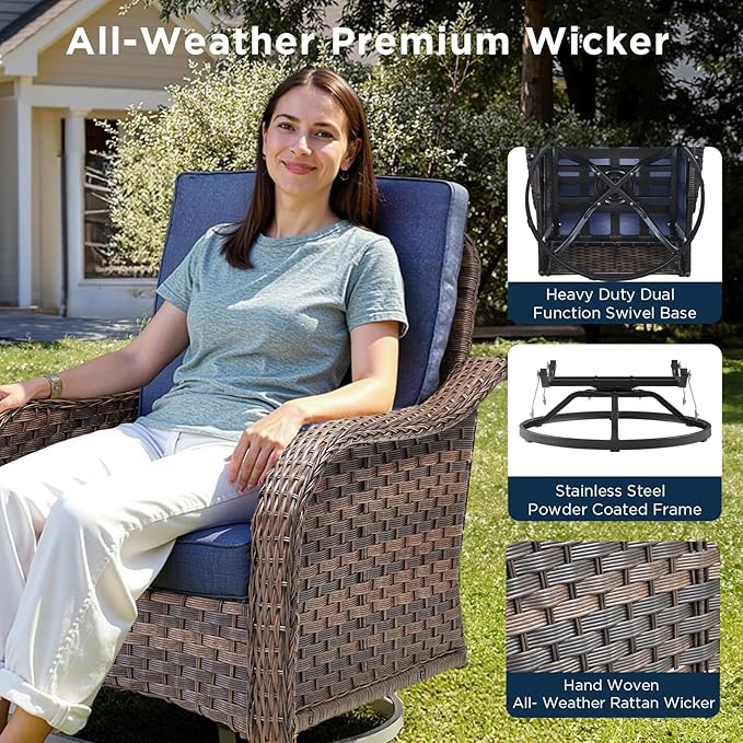 5 Pieces Patio Furniture Set, Outdoor Wicker Sofa with Swivel Patio Chairs, Ottomans, All Weather High Back Rattan Loveseat Couch with Comfy Cushions, Brown/Blue