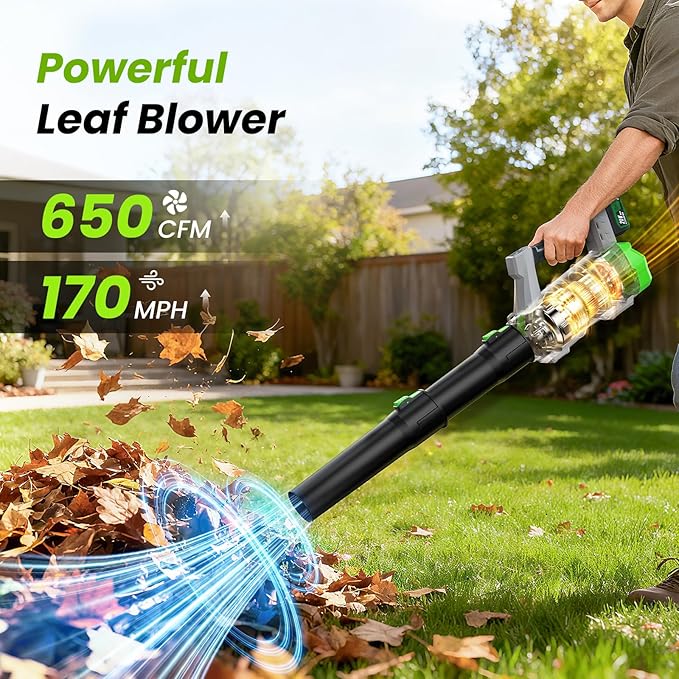 Leaf Blower Cordless 650CFM/170MPH with 2×4000mAh Batteries and Charger, PATOOLIO 5 Speed Mode Cordless Blower Handheld for Patio, Lawn Care, Snow Blowing, Leaves Blowing