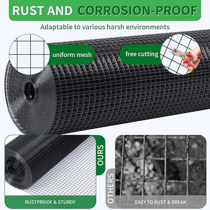 Black Hardware Cloth 19 Gauge 1/2 inch 48 inch x 50 Foot Chicken Wire Fenceing Roll PVC Coated Wire Mesh Vinyl Coated Fence for Chicken Coop Garden Fencing Rat Wire Mesh