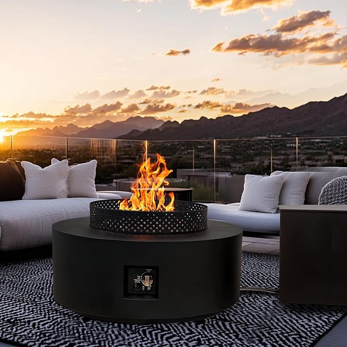 3-Piece Outdoor Fire Pit Table, 32 Inch Propane Fire Table 65,000 BTU Black Round Gas Firepit, Baking Sheet, Wind Guard and 16 inches Tank Side Table for Deck, Backyard and Pool, Black