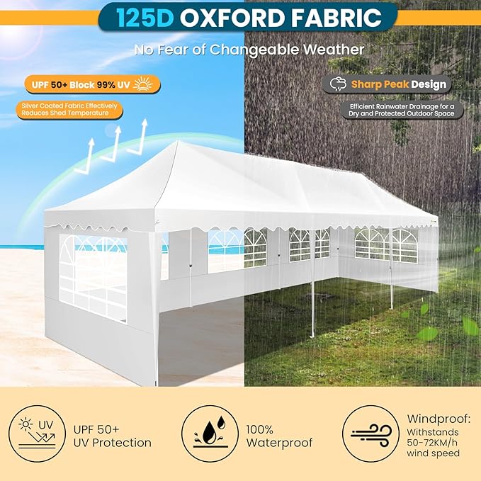HOTEEL 10x30 Pop Up Canopy Tent with 8 Walls, Extra Tall Party Tent, Waterproof Event Shelter, Easy Setup with Wheeled Bag & Weight Bags for Wedding Backyard Large Events, White